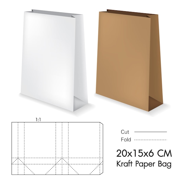 Vector bolsa de papel kraft con mockup 3d y dimensión