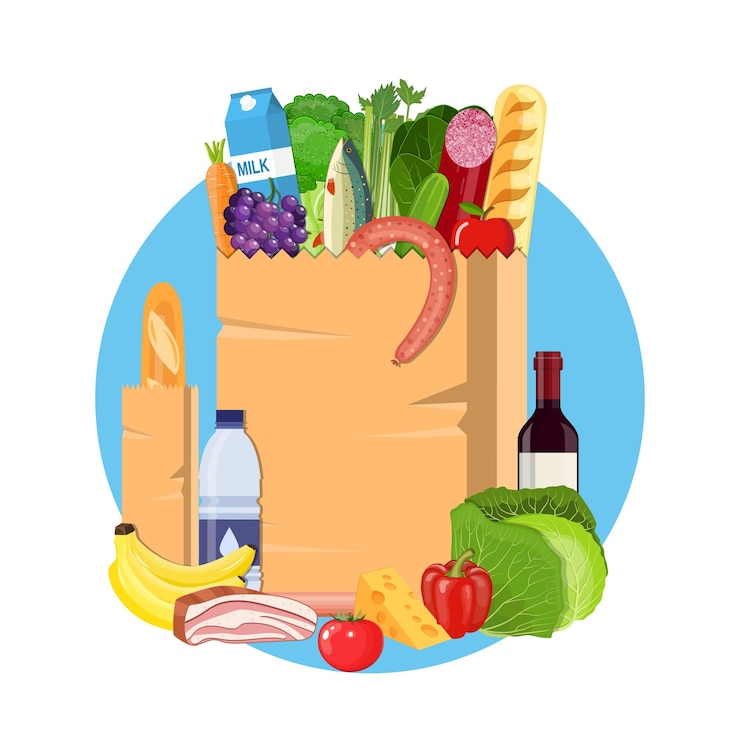 Vector bolsa de papel llena de productos comestibles