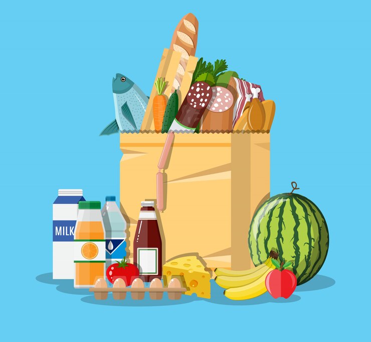 Vector bolsa de papel llena de productos comestibles