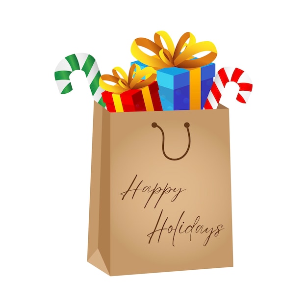 Una bolsa de papel llena de regalos de Navidad y dulces Ilustración vectorial