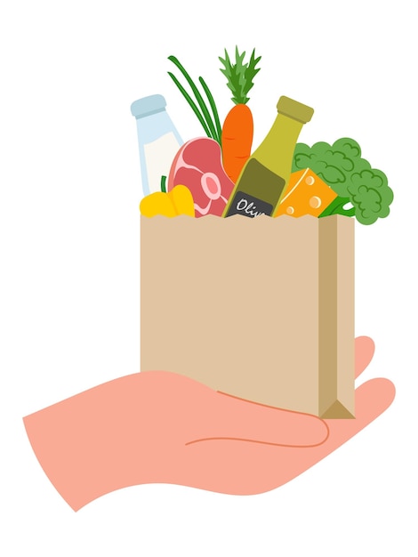 Bolsa de papel de mano con comestibles Ilustración vectorial de la entrega de comestibles
