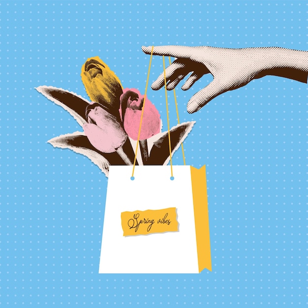 Vector bolsa de papel de mano de medio tono con flores de tulipán tarjeta de vibraciones de primavera puede ser una ilustración vectorial moderna