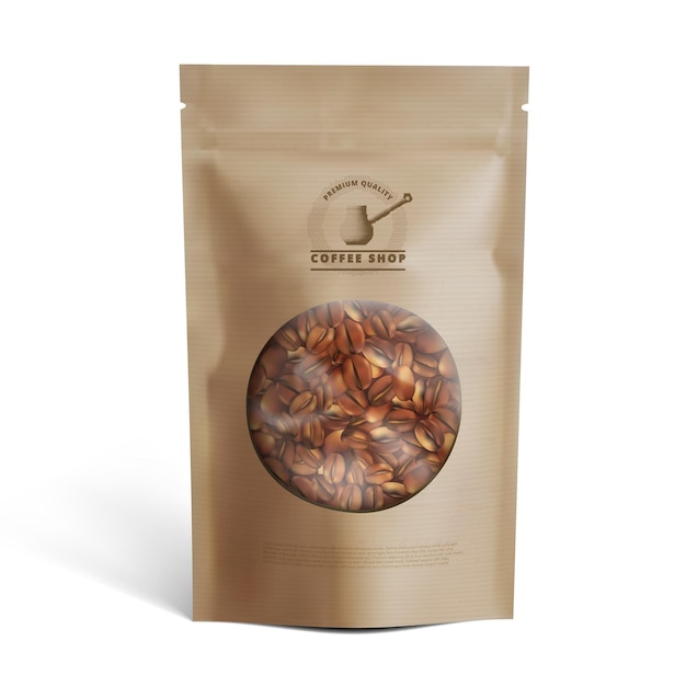 Bolsa de papel marrón en blanco con granos de café en ventana transparente