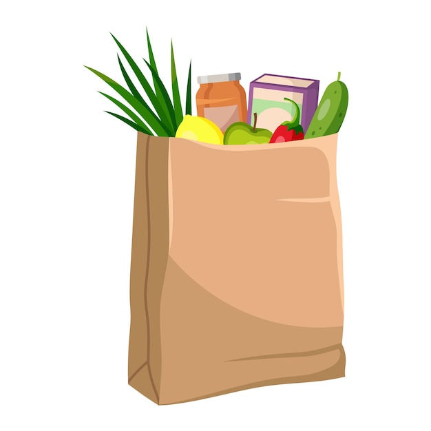 Una bolsa de papel marrón llena de comestibles en una ilustración vectorial de fondo blanco