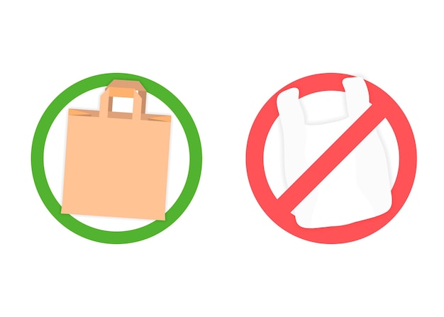 Bolsa de papel permitida y bolsas de plástico prohibidas. cero residuos, sin plástico. bolsa de papel contra plásticos no degradables. ilustración vectorial