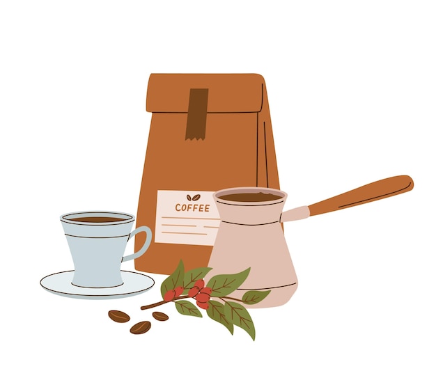 Bolsa de papel de taza de café dibujada a mano con frijoles e ilustración vectorial cezve