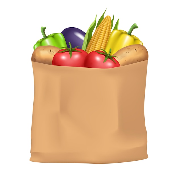 Vector bolsa de papel con verduras ilustración 3d vectorial realista aislada en fondo blanco