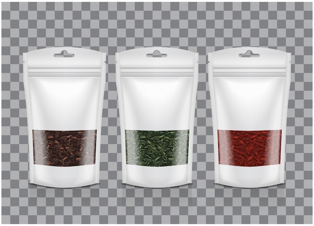 Bolsa de plástico blanca con ventana. Té negro, verde, rojo. Colección de maquetas de plantillas de embalaje