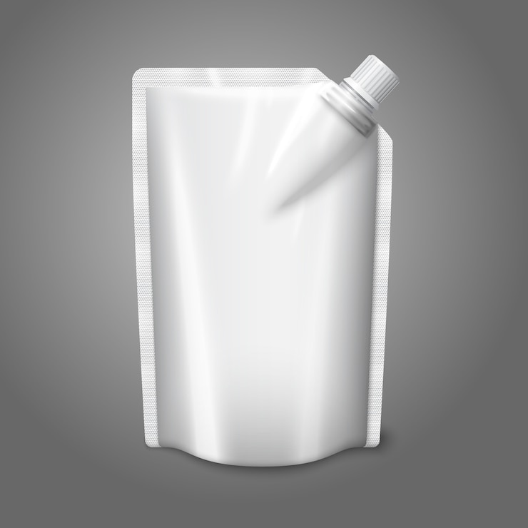 Vector bolsa de plástico realista blanco en blanco con tapa, aislado sobre fondo gris.