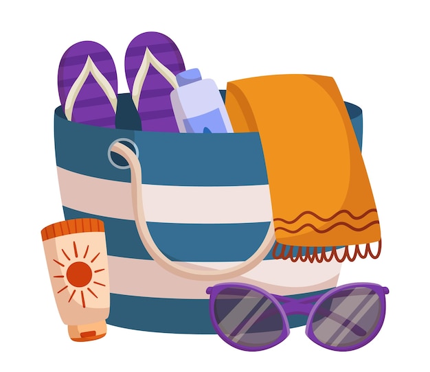 Vector bolsa de playa accesorio espacioso y resistente para todos sus elementos esenciales junto al mar, como toallas, pantuflas, gafas de sol, protector solar