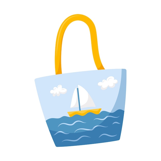 Una bolsa de playa con un paisaje con el mar y un barco un velero sobre las olas del mar ilustración vectorial en un estilo de caricatura plano aislado en un fondo blanco