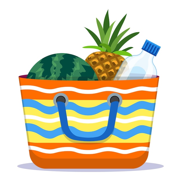 Bolsa de playa con sandía, piña y botella de agua para las vacaciones de verano