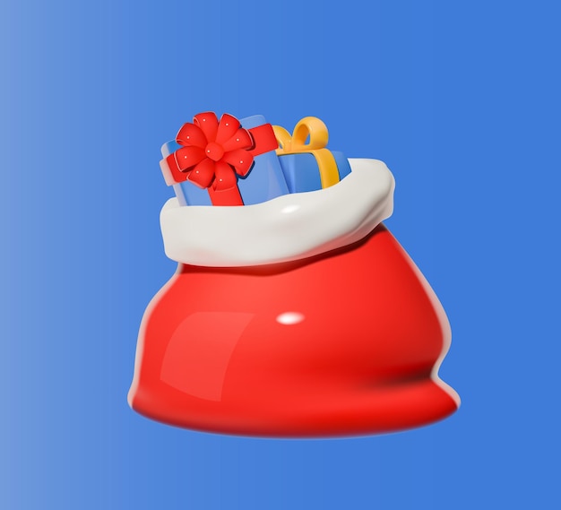 Bolsa de regalos de Papá Noel en 3D con regalos en fondo azul