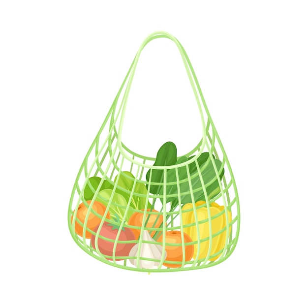 Bolsa reutilizable de cuerda con productos de comestibles como ilustración vectorial de compras ecológicas