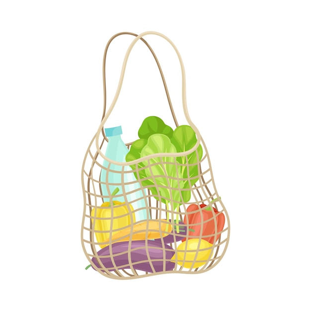 Bolsa reutilizable de cuerda con productos de comestibles como ilustración vectorial de compras ecológicas