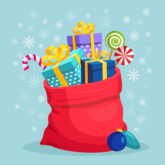 Vector bolsa roja de santa claus con caja de regalo. paquete de saco de navidad lleno de regalos