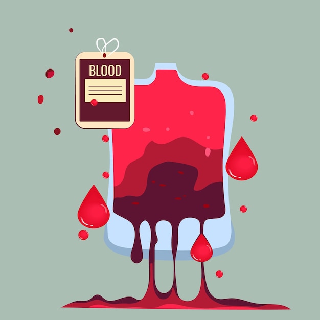 Vector bolsa de sangre con gotas de sangre y un cartel que dice sangre.