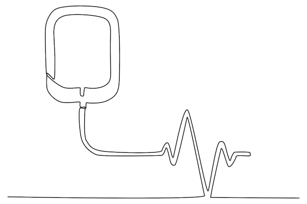 Vector una bolsa de sangre y un símbolo saludable dibujo de una línea del día mundial del donante de sangre