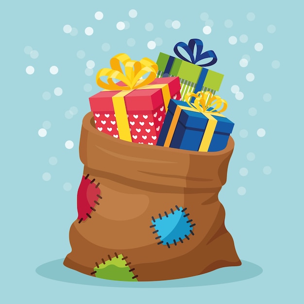 Bolsa de Santa Claus con caja de regalo aislada sobre fondo. Paquete de saco de Navidad lleno de regalos