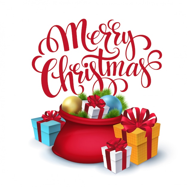 Bolsa de Santa Claus con regalos aislados, tarjeta de felicitación