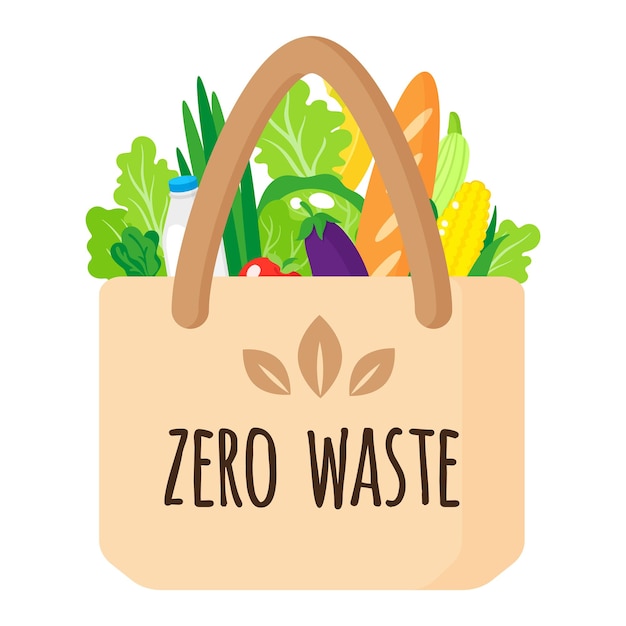 Bolsa de supermercado reutilizable de dibujos animados de vector con eco quot con alimentos orgánicos saludables. Cuidando el concepto de medio ambiente. Compras de alimentos ecológicos.
