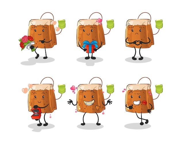 Bolsa de té amor conjunto personaje de dibujos animados mascota vector