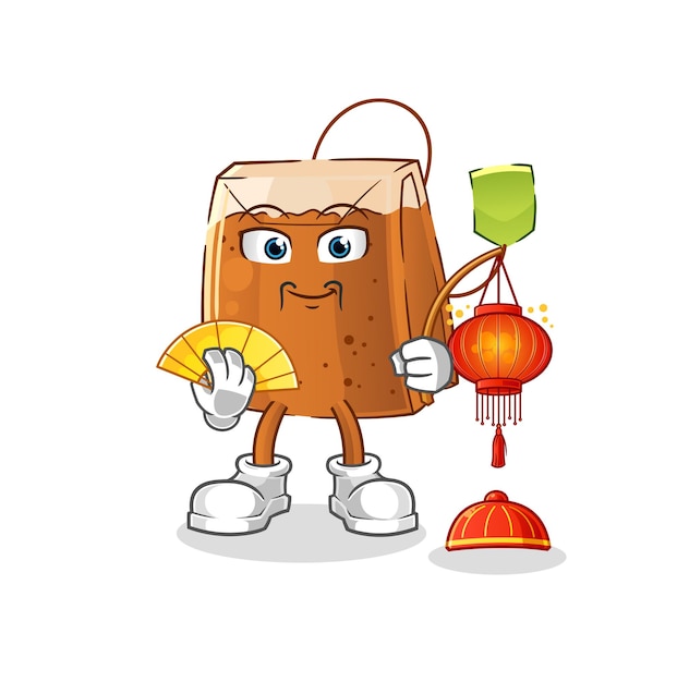 Bolsa de té china con ilustración de farolillos. vector de caracteres