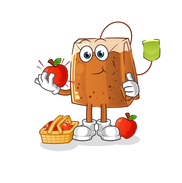 Bolsa de té comiendo un vector de caracteres de ilustración de manzana