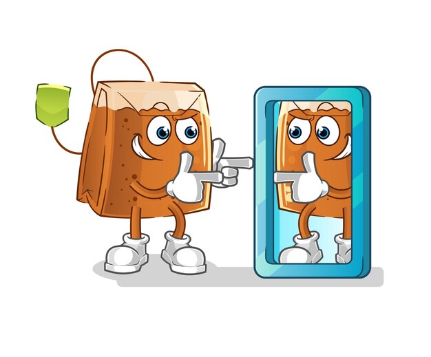 Bolsa de té mirando en vector de mascota de dibujos animados de dibujos animados de espejo