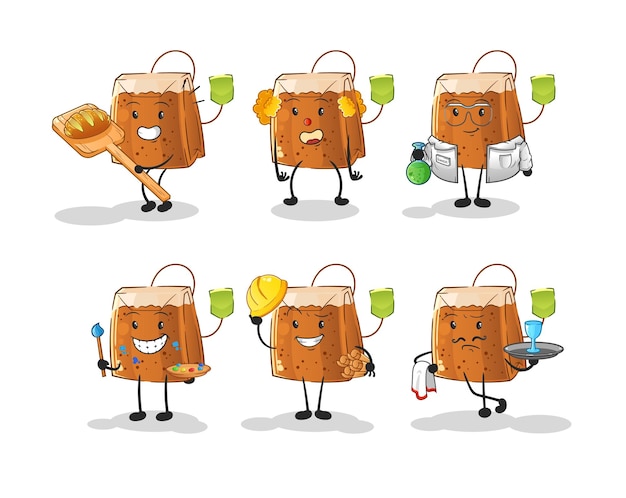 Bolsa de té profesión conjunto personaje de dibujos animados mascota vector