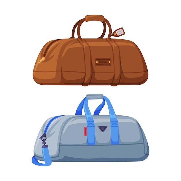 Bolsa de viaje con mango y cremallera como equipaje empacado para el conjunto de vectores de viaje