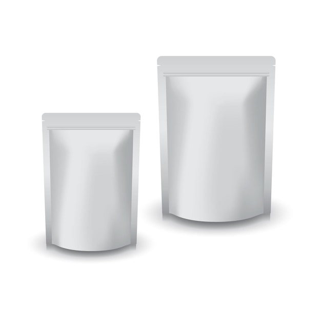 Bolsa ziplock plateada en blanco de 2 tamaños para alimentos o productos saludables.