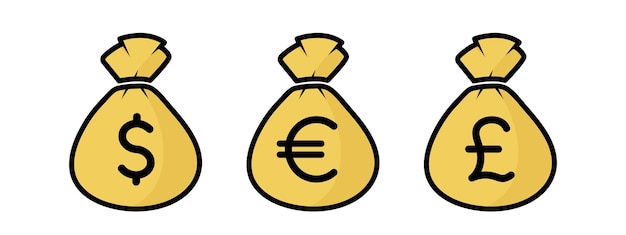 Bolsas amarillas con signo de dinero conjunto de sacos con símbolo de moneda dólar euro libra esterlina ilustración de vector de infografía financiera y bancaria