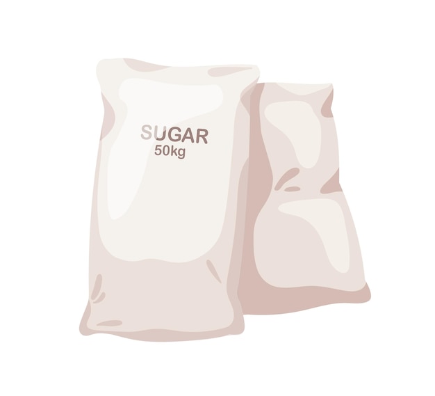 Bolsas de azúcar en grandes envases al por mayor Ingrediente de remolacha dulce envasado en un saco industrial de 50 kg Edulcorante de remolachas a granel Ilustración vectorial plana aislada sobre fondo blanco