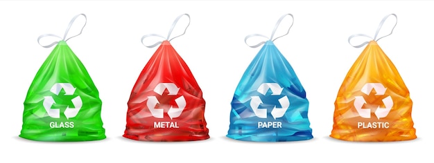 Bolsas de clasificación de basura paquetes realistas para vidrio y papel metal y basura orgánica residuos separados para reciclar la utilización de basura y uso secundario vector conjunto ecológico