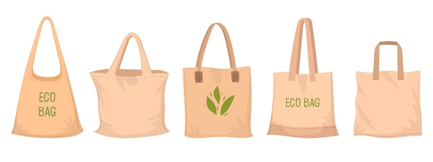 Vector bolsas de comestibles reutilizables bolsas de compras ecológicas vacías bolsas textiles sin residuos conjunto de ilustración vectorial plana bolsas de compras sin residuos