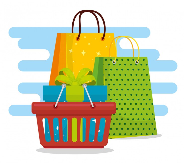 Vector bolsas de la compra con cesta y venta actual.