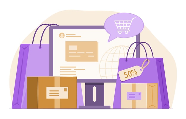 Bolsas de compras y cajas de mercancías con computadora de escritorio para compras en línea y concepto de comercio electrónico