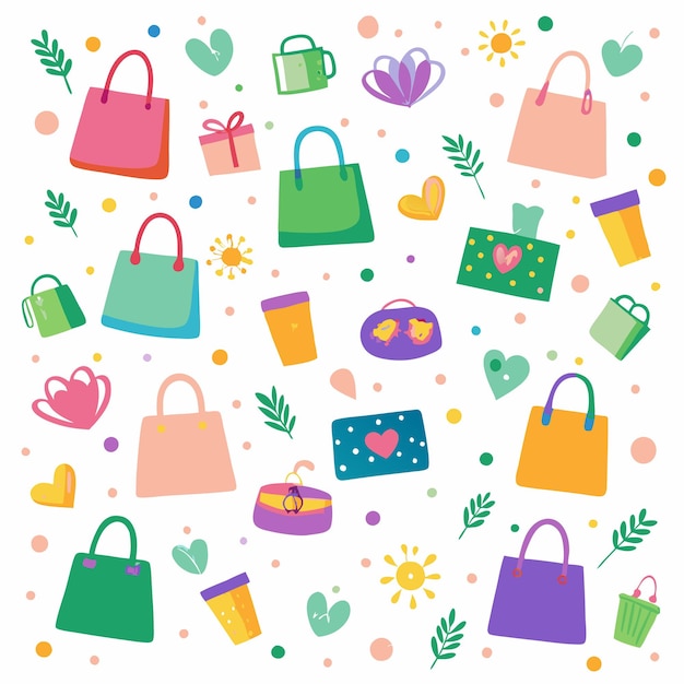 Bolsas de compras coloridas dibujadas a mano y varios objetos lindos