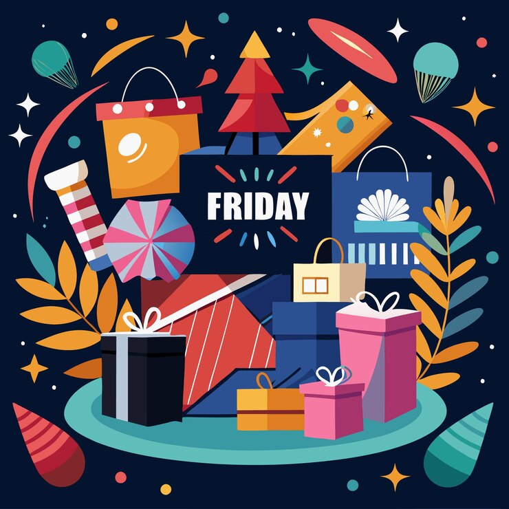 Vector bolsas de compras coloridas con regalos y árbol de navidad en fondo oscuro con estrellas y formas abstractas