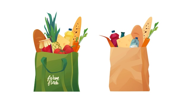 Vector bolsas de compras ecológicas reciclables con comida.