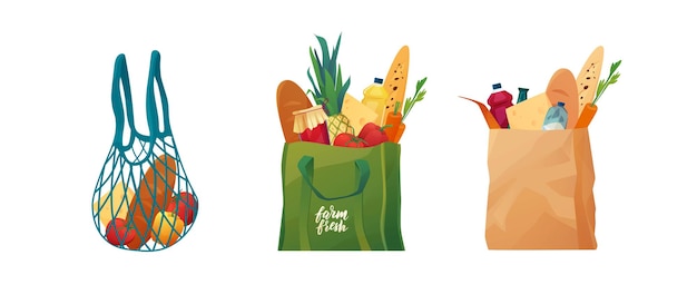 Vector bolsas de compras ecológicas reciclables con comida.