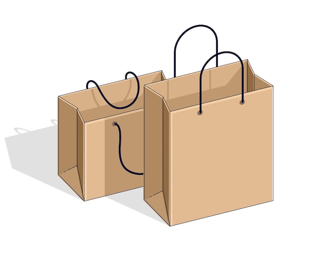 Bolsas de compras gran venta, venta, venta al por menor, descuento de Black Friday, bolsa de papel ecológica aislada en fondo blanco. Ilustración isométrica vectorial 3d, diseño de línea delgada.