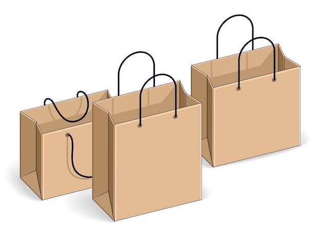 Bolsas de compras gran venta, venta, venta al por menor, descuento de Black Friday, bolsa de papel ecológica aislada en fondo blanco. Ilustración isométrica vectorial 3d, diseño de línea delgada.