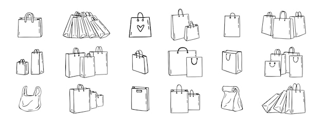Bolsas de compras íconos dibujos a mano juegos de bolsas de compras de papel dibujos de líneas de contorno vectorial juegos negros