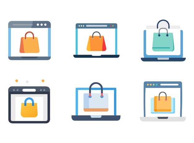 Bolsas de compras en línea en pantallas de portátiles y computadoras aisladas sobre un fondo blanco