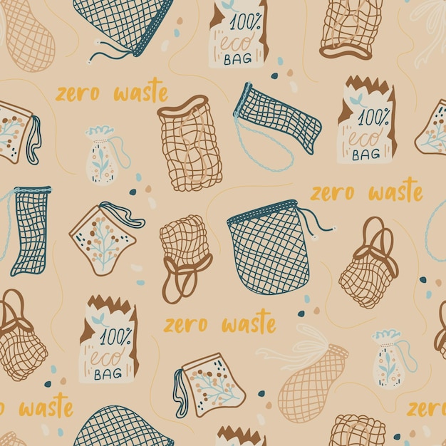 Bolsas de compras de malla o malla para un patrón sin costuras de vector de vida ecológica Comprador de moda del concepto Vegan Zero Waste Ilustración de vector dibujado a mano colorido para cartel de postal de banner