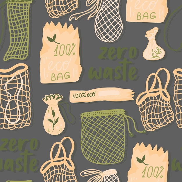 Bolsas de compras de malla o malla para un patrón sin costuras de vector de vida ecológica comprador de moda del concepto vegan zero waste ilustración de vector dibujado a mano colorido para cartel de postal de banner