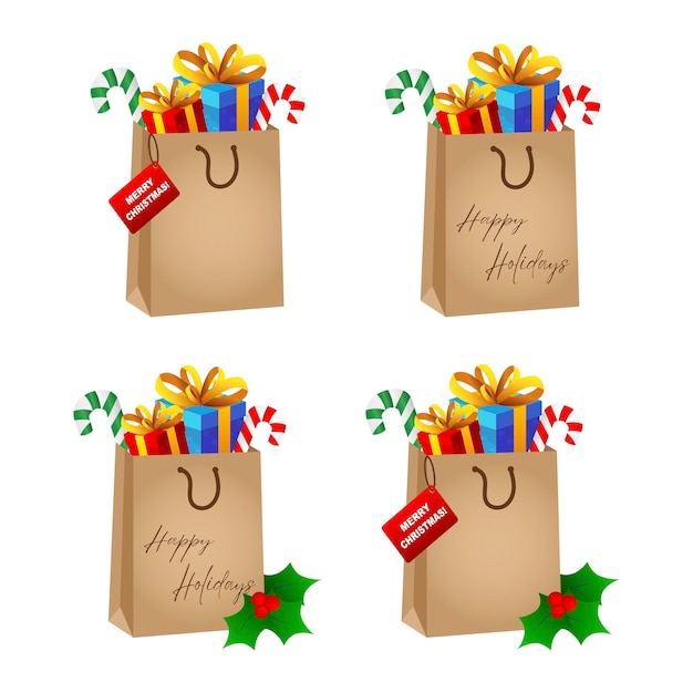 Bolsas de compras navideñas Conjunto de bolsas de regalos con regalos Ilustración vectorial