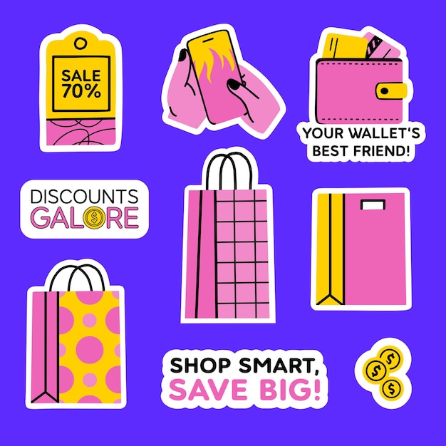 Vector bolsas de compras con pegatinas con letras sobre el tema de venta de descuento el viernes negro